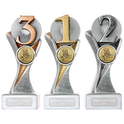 pokalspezialist Pokal Set je 1x Zahl 1, 2, und 3 mit Gravur und Emblem Ihrer Wahl Serie METZ 3er Set je 1 x Gold Silber Bronze von pokalspezialist