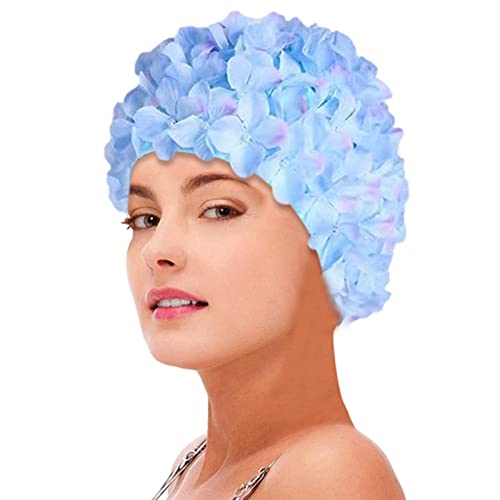 pologmase Bademütze mit 3D-Blumen | Modische 3D-Blumen-Badekappe für Damen - Turban-Badekappe für langes Haar, Bademütze, Badekappen, Ohrenhaarschutz, einfaches An- und Ausziehen von pologmase