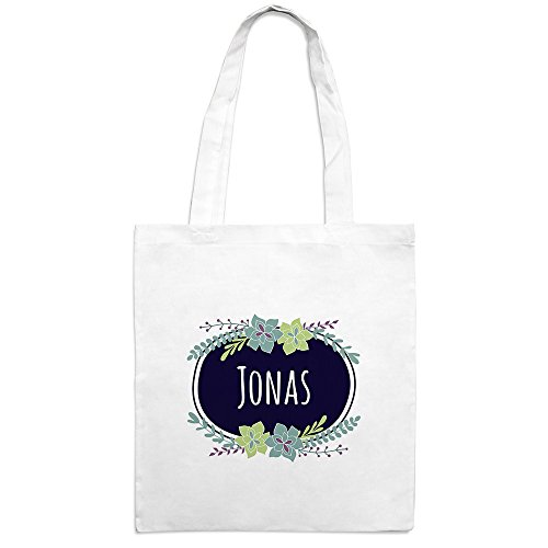 Jutebeutel mit Namen Jonas - Motiv Flowers - Farbe weiß - Stoffbeutel, Jutesack, Hipster, Beutel von printplanet