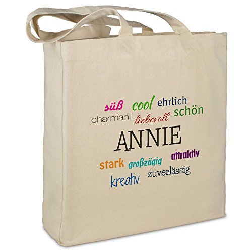 Stofftasche mit Namen Annie - Motiv Positive Eigenschaften - Farbe beige - Stoffbeutel, Jutebeutel, Einkaufstasche, Beutel von printplanet