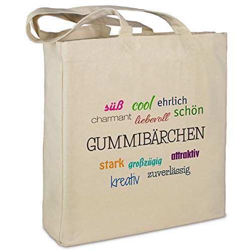 Stofftasche mit Namen Gummibärchen - Motiv Positive Eigenschaften - Farbe beige - Stoffbeutel, Jutebeutel, Einkaufstasche, Beutel von printplanet
