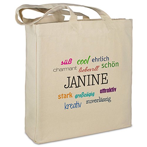 Stofftasche mit Namen Janine - Motiv Positive Eigenschaften - Farbe beige - Stoffbeutel, Jutebeutel, Einkaufstasche, Beutel von printplanet