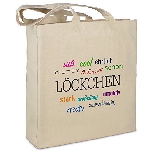 Stofftasche mit Namen Löckchen - Motiv Positive Eigenschaften - Farbe beige - Stoffbeutel, Jutebeutel, Einkaufstasche, Beutel von printplanet