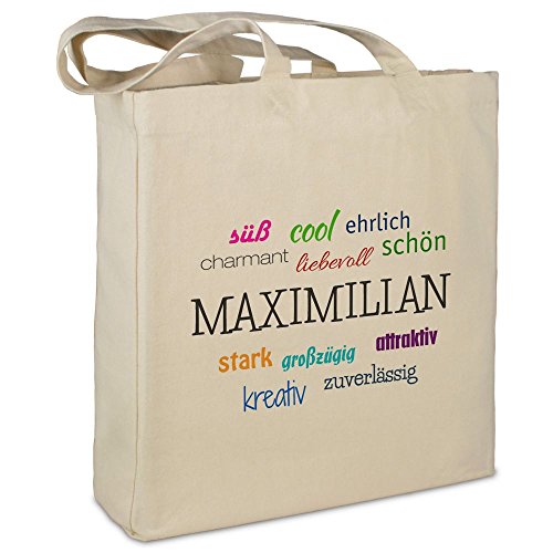 Stofftasche mit Namen Maximilian - Motiv Positive Eigenschaften - Farbe beige - Stoffbeutel, Jutebeutel, Einkaufstasche, Beutel von printplanet