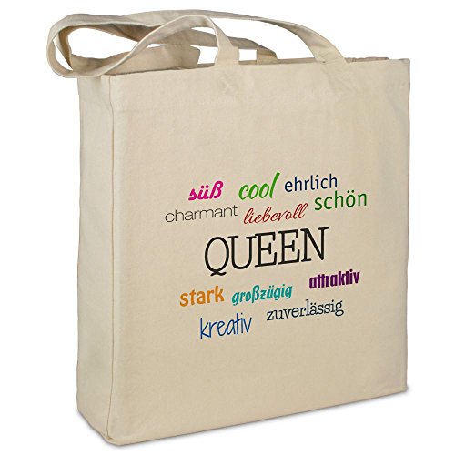 Stofftasche mit Namen Queen - Motiv Positive Eigenschaften - Farbe beige - Stoffbeutel, Jutebeutel, Einkaufstasche, Beutel von printplanet