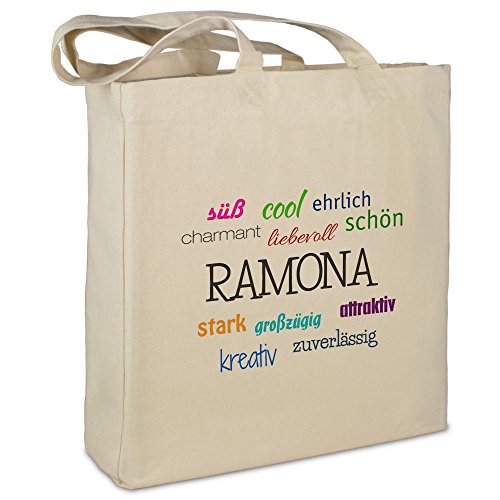 Stofftasche mit Namen Ramona - Motiv Positive Eigenschaften - Farbe beige - Stoffbeutel, Jutebeutel, Einkaufstasche, Beutel von printplanet
