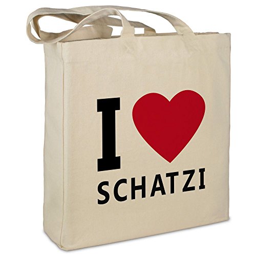 Stofftasche mit Namen Schatzi - Motiv I Love - Farbe beige - Stoffbeutel, Jutebeutel, Einkaufstasche, Beutel von printplanet