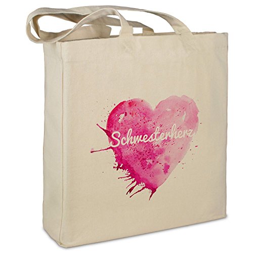 Stofftasche mit Namen Schwesterherz - Motiv Painted Heart - Farbe beige - Stoffbeutel, Jutebeutel, Einkaufstasche, Beutel von printplanet