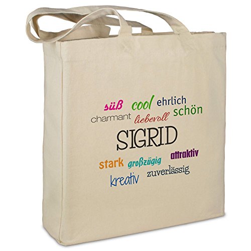 Stofftasche mit Namen Sigrid - Motiv Positive Eigenschaften - Farbe beige - Stoffbeutel, Jutebeutel, Einkaufstasche, Beutel von printplanet