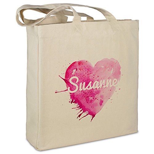 Stofftasche mit Namen Susanne - Motiv Painted Heart - Farbe beige - Stoffbeutel, Jutebeutel, Einkaufstasche, Beutel von printplanet
