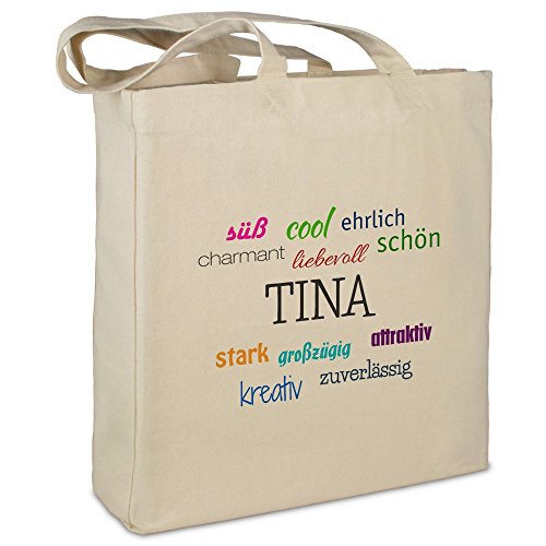 Stofftasche mit Namen Tina - Motiv Positive Eigenschaften - Farbe beige - Stoffbeutel, Jutebeutel, Einkaufstasche, Beutel von printplanet