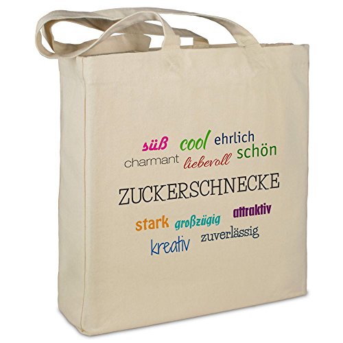 Stofftasche mit Namen Zuckerschnecke - Motiv Positive Eigenschaften - Farbe beige - Stoffbeutel, Jutebeutel, Einkaufstasche, Beutel von printplanet