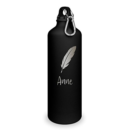 Trinkflasche mit Namen Anne - graviert mit Feder Layout, Aluminiumflasche mit Gravur, Sportflasche - matt schwarz von printplanet
