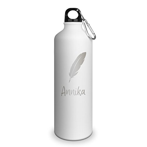 Trinkflasche mit Namen Annika - graviert mit Feder Layout, Aluminiumflasche mit Gravur, Sportflasche - matt weiß von printplanet