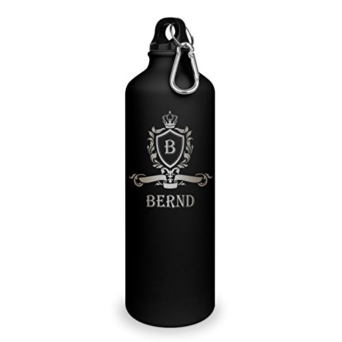 Trinkflasche mit Namen Bernd - graviert mit Wappen Monogramm, Aluminiumflasche mit Gravur, Sportflasche - matt schwarz von printplanet