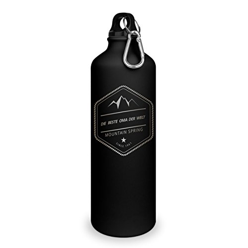 Trinkflasche mit Namen Beste Oma der Welt - graviert mit Adventure Layout, Aluminiumflasche mit Gravur, Sportflasche - matt schwarz von printplanet