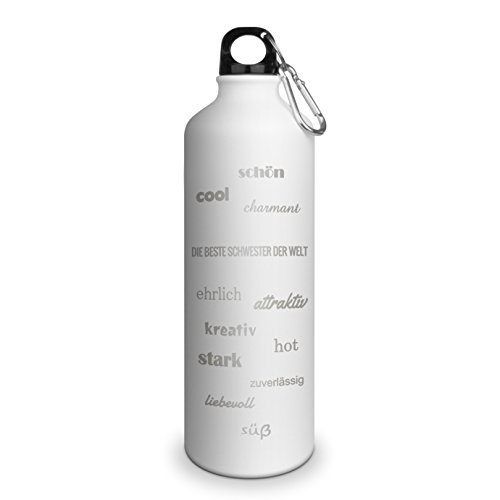 Trinkflasche mit Namen Beste Schwester der Welt - graviert mit Positive Eigenschaften, Aluminiumflasche mit Gravur, Sportflasche - matt weiß von printplanet