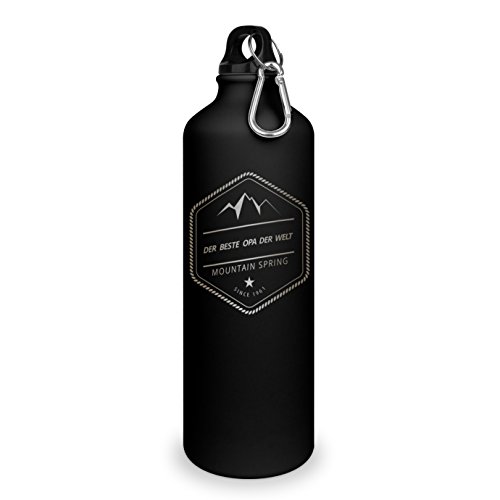 Trinkflasche mit Namen Bester Opa der Welt - graviert mit Adventure Layout, Aluminiumflasche mit Gravur, Sportflasche - matt schwarz von printplanet