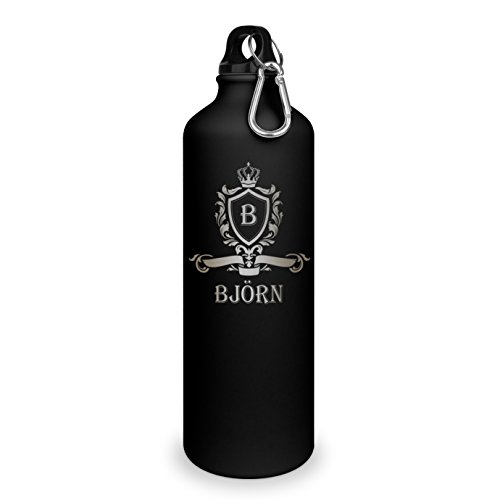 Trinkflasche mit Namen Björn - graviert mit Wappen Monogramm, Aluminiumflasche mit Gravur, Sportflasche - matt schwarz von printplanet