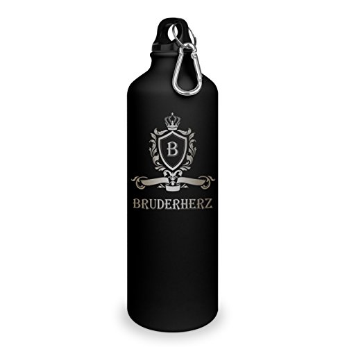 Trinkflasche mit Namen Bruderherz - graviert mit Wappen Monogramm, Aluminiumflasche mit Gravur, Sportflasche - matt schwarz von printplanet