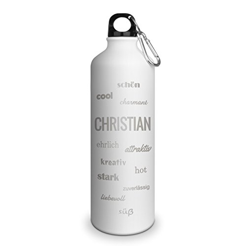 Trinkflasche mit Namen Christian - graviert mit Positive Eigenschaften, Aluminiumflasche mit Gravur, Sportflasche - matt weiß von printplanet