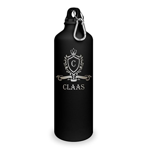 Trinkflasche mit Namen Claas - graviert mit Wappen Monogramm, Aluminiumflasche mit Gravur, Sportflasche - matt schwarz von printplanet