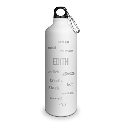 Trinkflasche mit Namen Edith - graviert mit Positive Eigenschaften, Aluminiumflasche mit Gravur, Sportflasche - matt weiß von printplanet