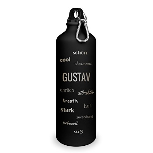 Trinkflasche mit Namen Gustav - graviert mit Positive Eigenschaften, Aluminiumflasche mit Gravur, Sportflasche - matt schwarz von printplanet