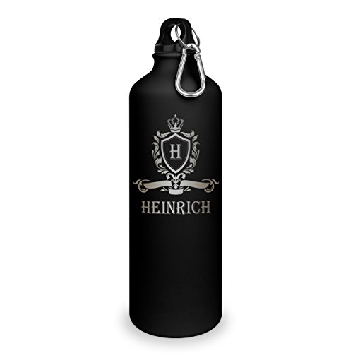 Trinkflasche mit Namen Heinrich - graviert mit Wappen Monogramm, Aluminiumflasche mit Gravur, Sportflasche - matt schwarz von printplanet