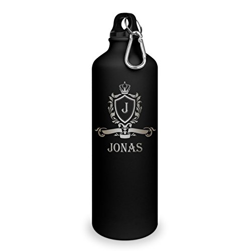 Trinkflasche mit Namen Jonas - graviert mit Wappen Monogramm, Aluminiumflasche mit Gravur, Sportflasche - matt schwarz von printplanet