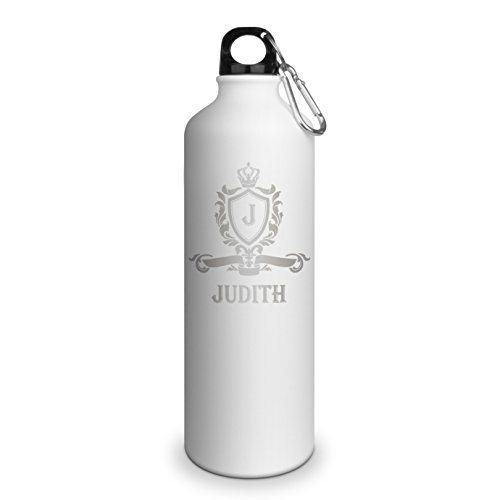 Trinkflasche mit Namen Judith - graviert mit Wappen Monogramm, Aluminiumflasche mit Gravur, Sportflasche - matt weiß von printplanet