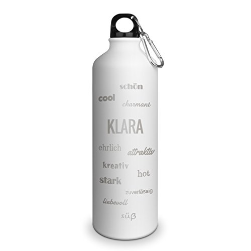 Trinkflasche mit Namen Klara - graviert mit Positive Eigenschaften, Aluminiumflasche mit Gravur, Sportflasche - matt weiß von printplanet