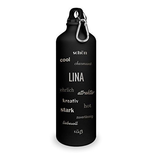 Trinkflasche mit Namen Lina - graviert mit Positive Eigenschaften, Aluminiumflasche mit Gravur, Sportflasche - matt schwarz von printplanet