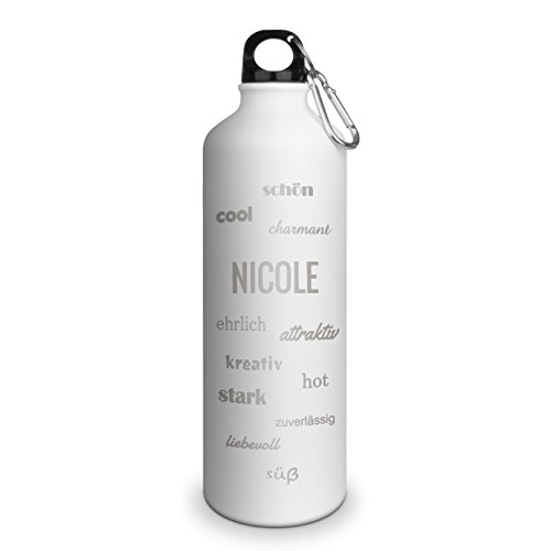 Trinkflasche mit Namen Nicole - graviert mit Positive Eigenschaften, Aluminiumflasche mit Gravur, Sportflasche - matt weiß von printplanet