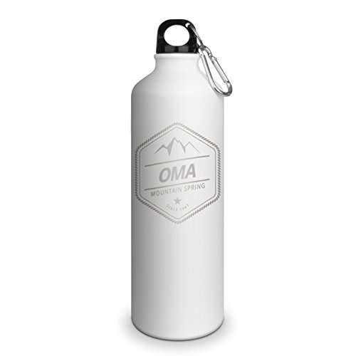 Trinkflasche mit Namen Oma - graviert mit Adventure Layout, Aluminiumflasche mit Gravur, Sportflasche - matt weiß von printplanet