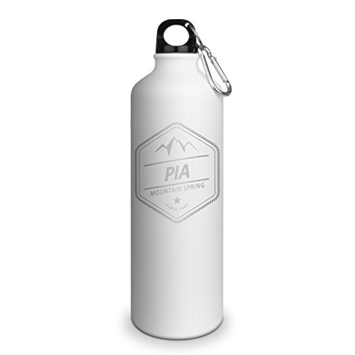 Trinkflasche mit Namen Pia - graviert mit Adventure Layout, Aluminiumflasche mit Gravur, Sportflasche - matt weiß von printplanet