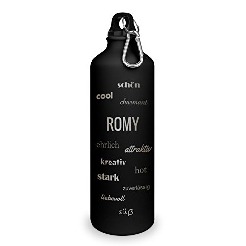 Trinkflasche mit Namen Romy - graviert mit Positive Eigenschaften, Aluminiumflasche mit Gravur, Sportflasche - matt schwarz von printplanet