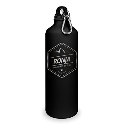 Trinkflasche mit Namen Ronja - graviert mit Adventure Layout, Aluminiumflasche mit Gravur, Sportflasche - matt schwarz von printplanet