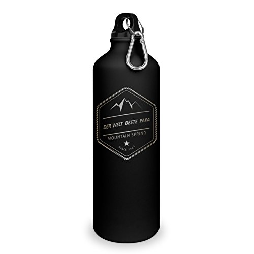 Trinkflasche mit Namen Welt Bester Papa - graviert mit Adventure Layout, Aluminiumflasche mit Gravur, Sportflasche - matt schwarz von printplanet