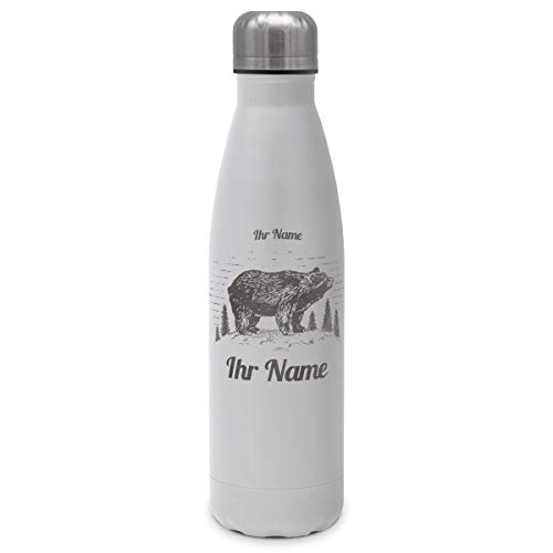 printplanet - Isolierte Trinkflasche mit Text oder Namen graviert - Edelstahl Thermo-Flasche mit Gravur, 500ml - Weiß - Motiv: Bär von printplanet
