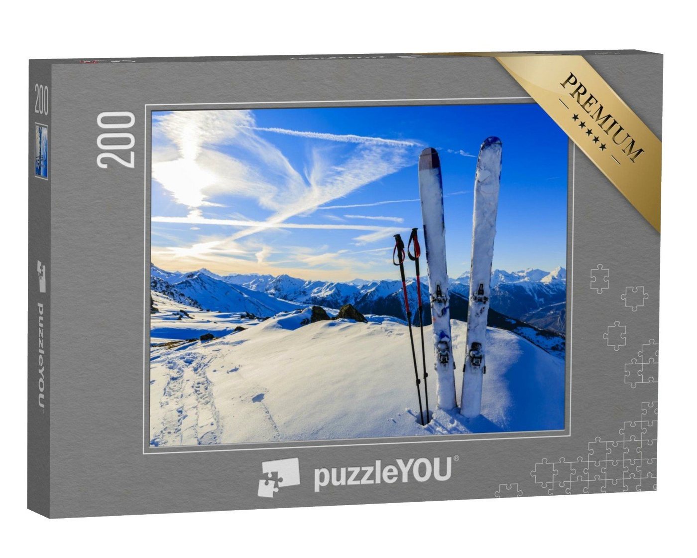 puzzleYOU Puzzle Bereit für die Abfahrt: Skier im Schnee, 200 Puzzleteile, puzzleYOU-Kollektionen Sport, Winter, Himmel & Jahreszeiten von puzzleYOU