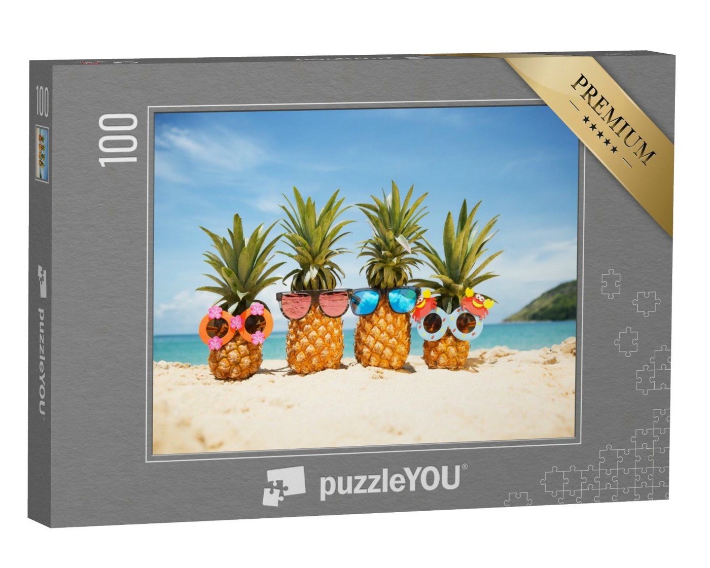 puzzleYOU Puzzle Coole Ananas-Früchte mit Sonnenbrillen am Strand, 100 Puzzleteile, puzzleYOU-Kollektionen Obst, Sommer, Jahreszeiten, Essen und Trinken von puzzleYOU