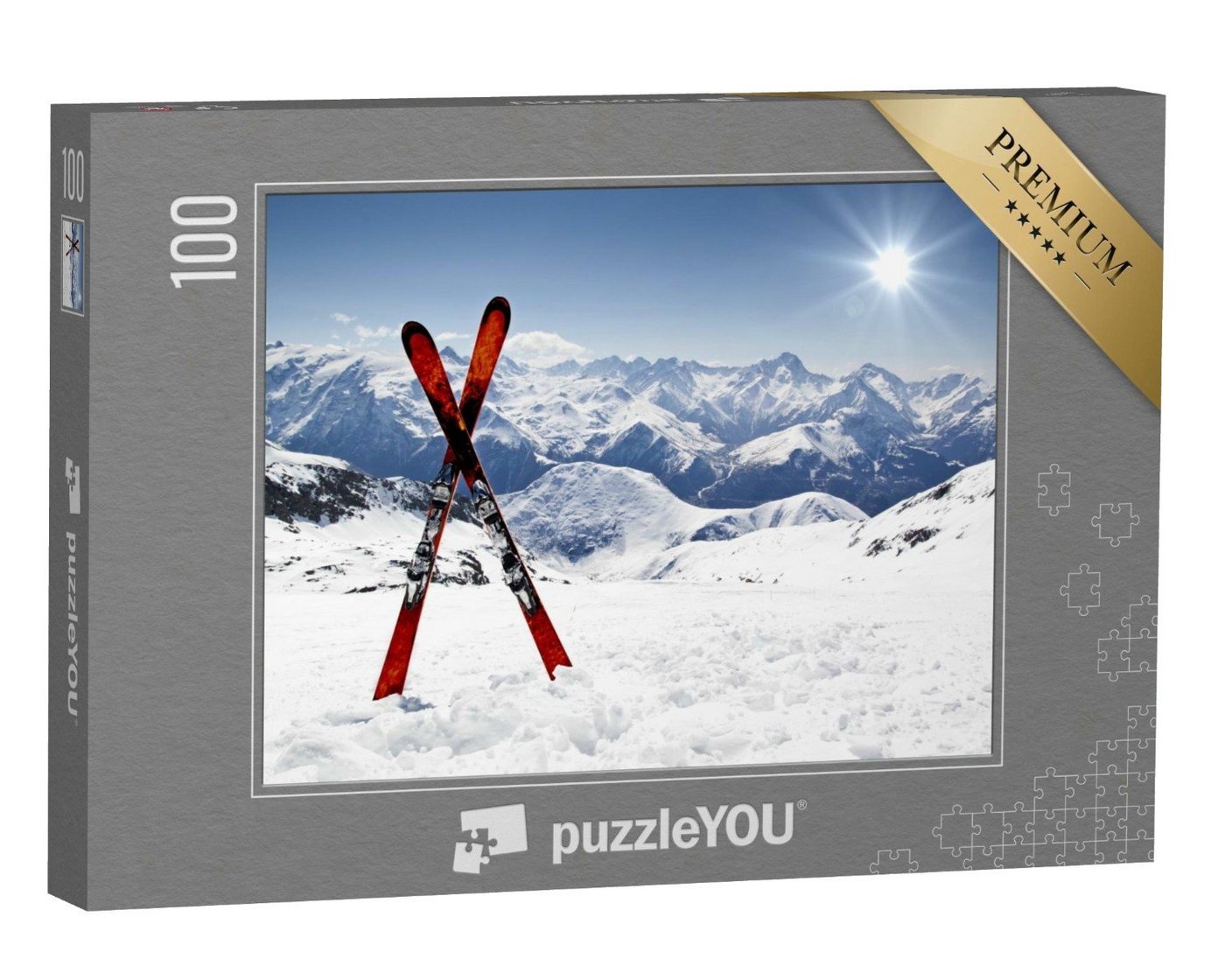 puzzleYOU Puzzle Ein Paar Cross-Ski, dahinter Schnee, 100 Puzzleteile, puzzleYOU-Kollektionen Sport von puzzleYOU