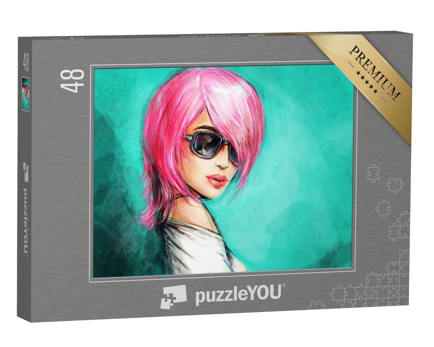 puzzleYOU Puzzle Frau mit pinkem Haar und Sonnenbrille, 48 Puzzleteile, puzzleYOU-Kollektionen Illustrationen von puzzleYOU