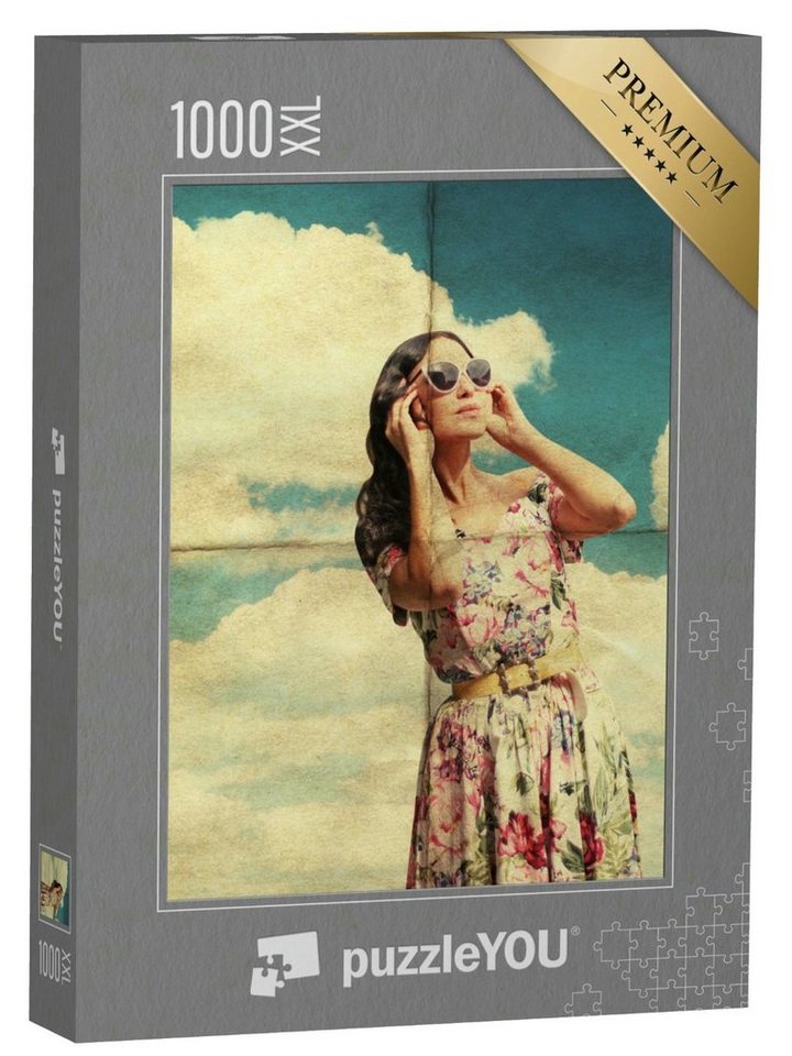 puzzleYOU Puzzle Junge Frau mit Sonnenbrille im Retro-Kleid, 1000 Puzzleteile, puzzleYOU-Kollektionen Vintage von puzzleYOU