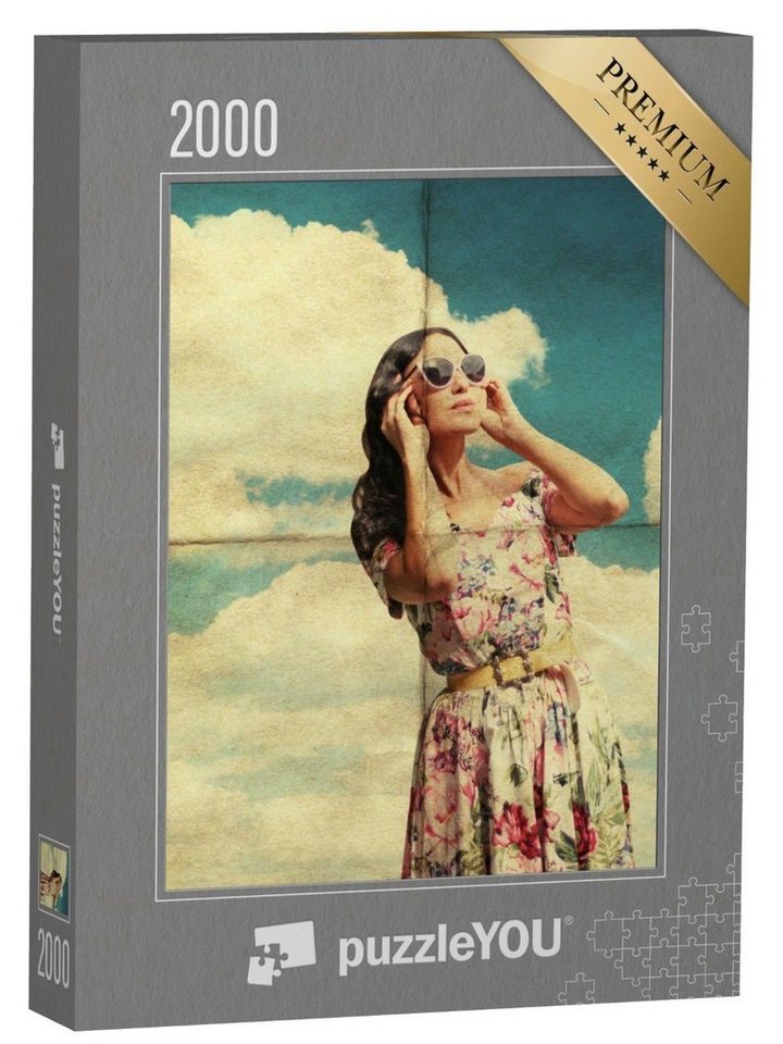 puzzleYOU Puzzle Junge Frau mit Sonnenbrille im Retro-Kleid, 2000 Puzzleteile, puzzleYOU-Kollektionen Vintage von puzzleYOU