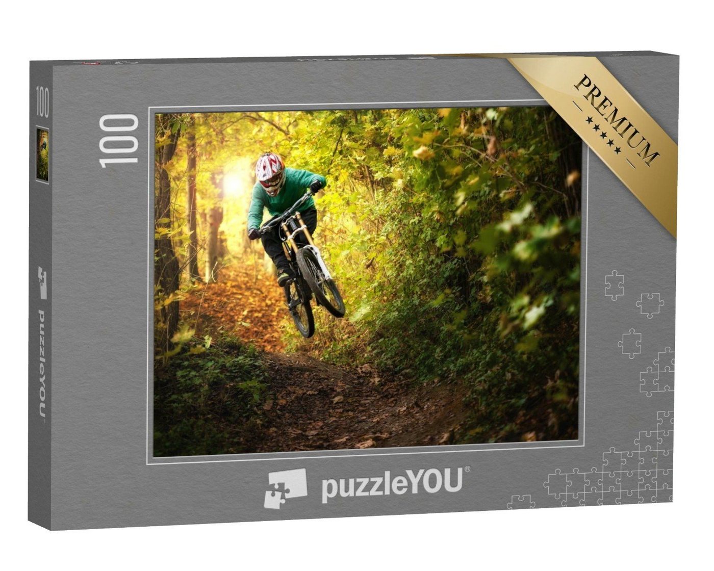 puzzleYOU Puzzle Mountainbiker im Herbstwald, 100 Puzzleteile, puzzleYOU-Kollektionen Sport von puzzleYOU