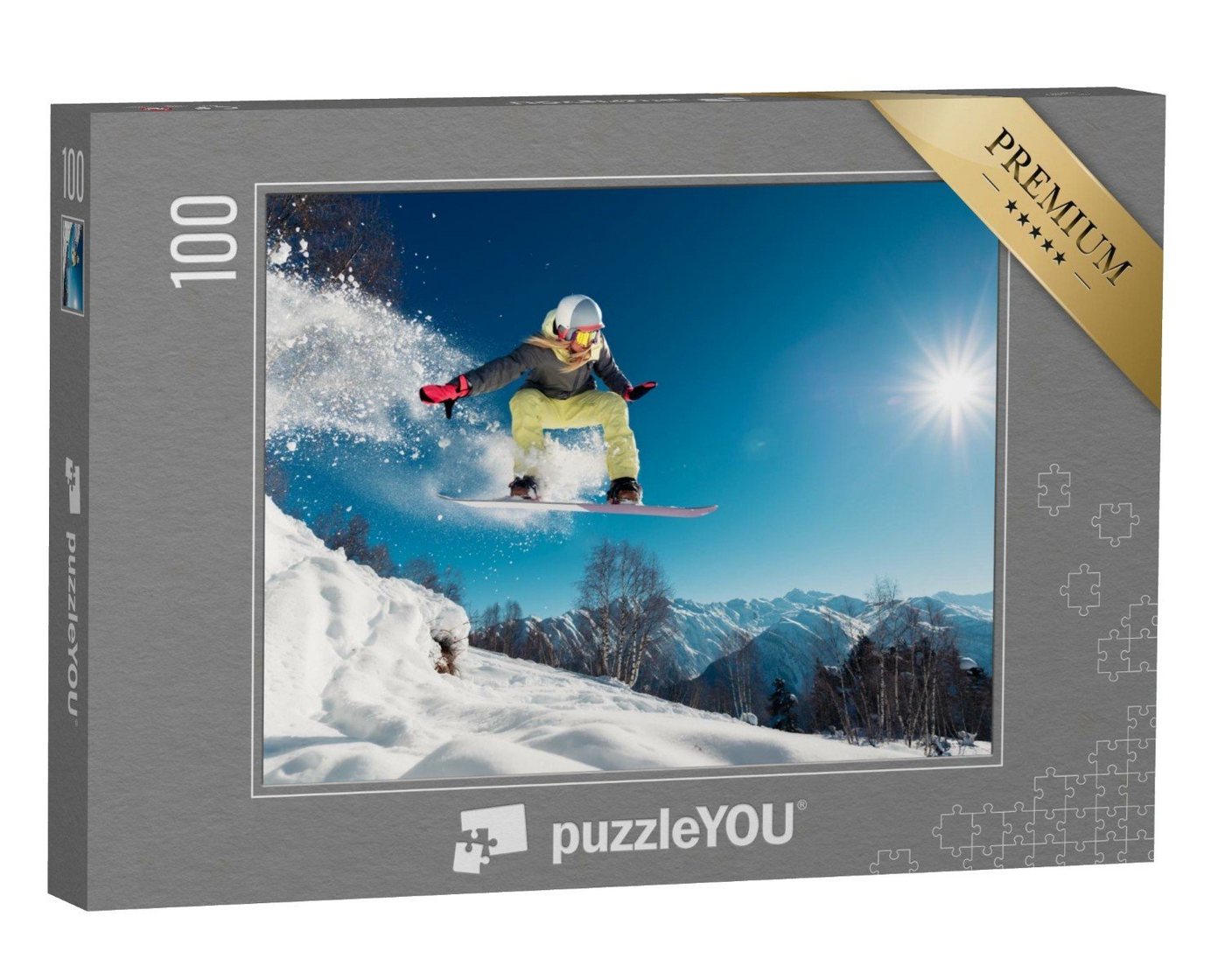 puzzleYOU Puzzle Snowboarderin beim Sprung, 100 Puzzleteile, puzzleYOU-Kollektionen Sport, Winter, Menschen, Himmel & Jahreszeiten von puzzleYOU
