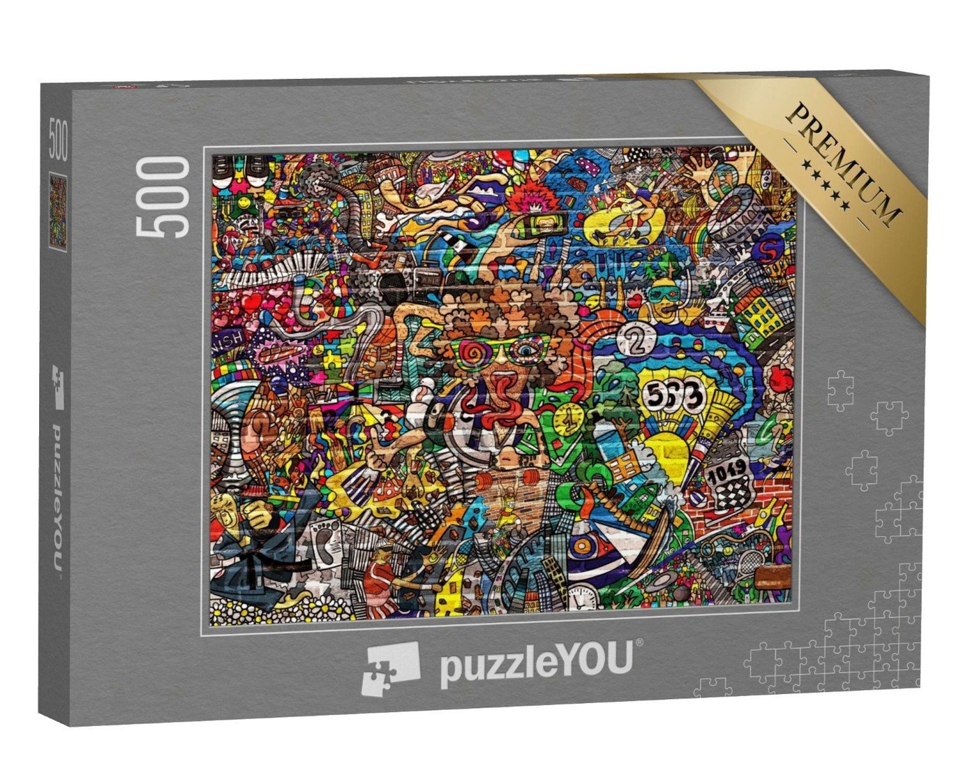 puzzleYOU Puzzle Sport-Collage auf einer großen Backsteinmauer, 500 Puzzleteile, puzzleYOU-Kollektionen Kunst & Fantasy von puzzleYOU