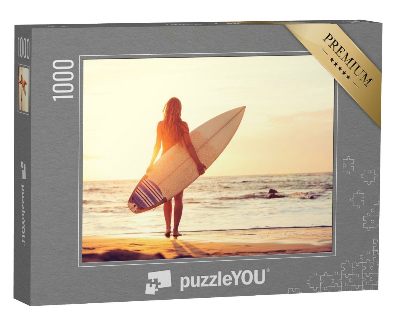 puzzleYOU Puzzle Surferin am Strand bei Sonnenuntergang, 1000 Puzzleteile, puzzleYOU-Kollektionen Sport, Surfen, Menschen von puzzleYOU